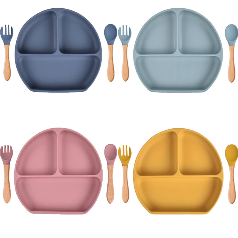 

Suction Plate+Spoon+Fork Tray Baby Bowl Set Baby Feeding Bowl Set Dinnerware Set Waterproof Silicone Plates Bowls Baby Stuff