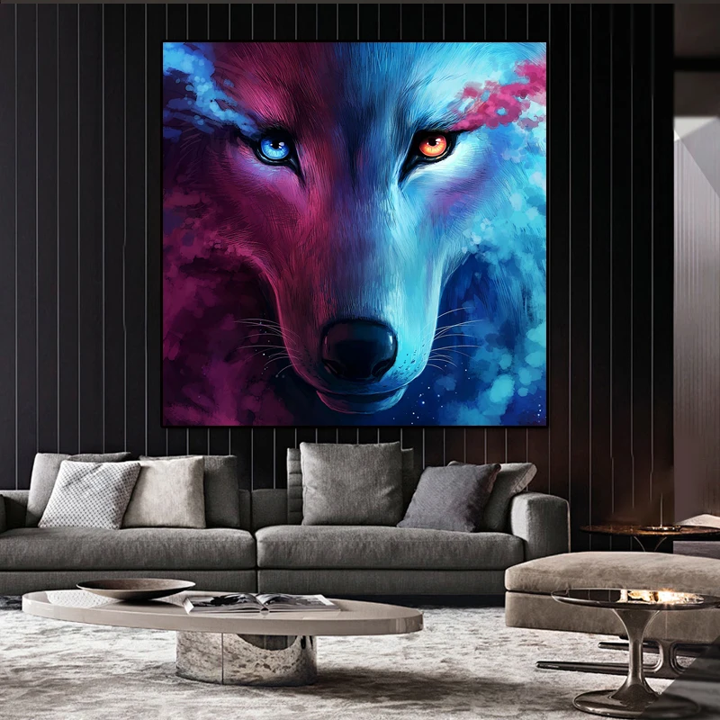 Постер с животными на холсте красочные красные и синие волки прикроватная