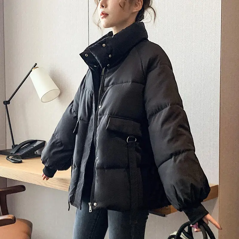 

Streetwear Autumn Winter Down Cotton Coats Female Casual Solid Pockets Winter Jacket Women Short Vintage Office Lady Coats Q4388