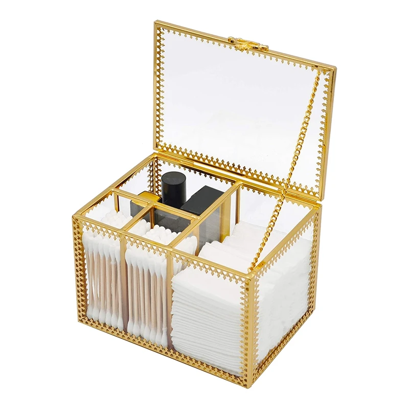 

Стеклянный ящик для хранения косметики, винтажная рамка, пылезащитный ватный тампон, губной помады, держатель-органайзер для макияжа, золот...