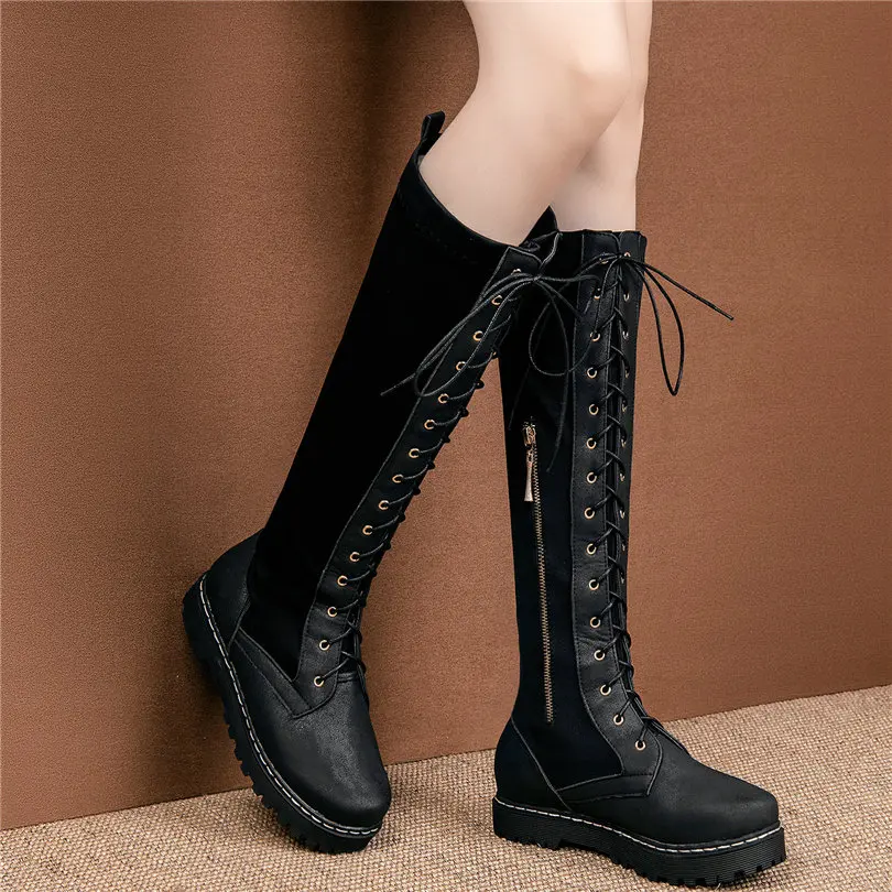 Fashion Sneakers Women Lace Up Stretch Fabric Round Toe Mid Calf Military Boots Female Low Heel Platform Oxfords Casual Shoes