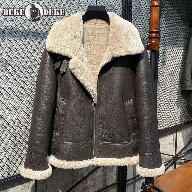 

High Quality Original Ecology Sheepskin Shearling Coat Zip Genuine Leather Motorcycle Jacket Winter Warm Real Fur Pilot Jackets