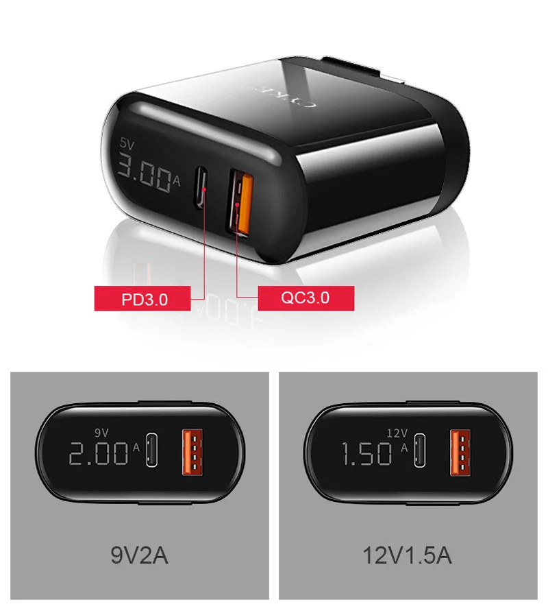 CYKE двойной USB интерфейс QC3.0 Быстрая зарядка PD18W Быстрая зарядка складное Цифровое зарядное устройство портативное универсальное зарядное устройство