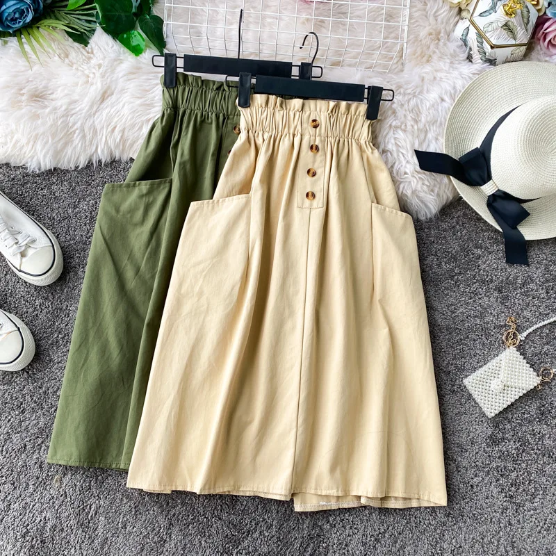 

New Fashion Solid Color Pocket Women Skirts Minimalist Elegant Midi Skirt OL A Line Skirt Button Elastic Waist Spring Tunic
