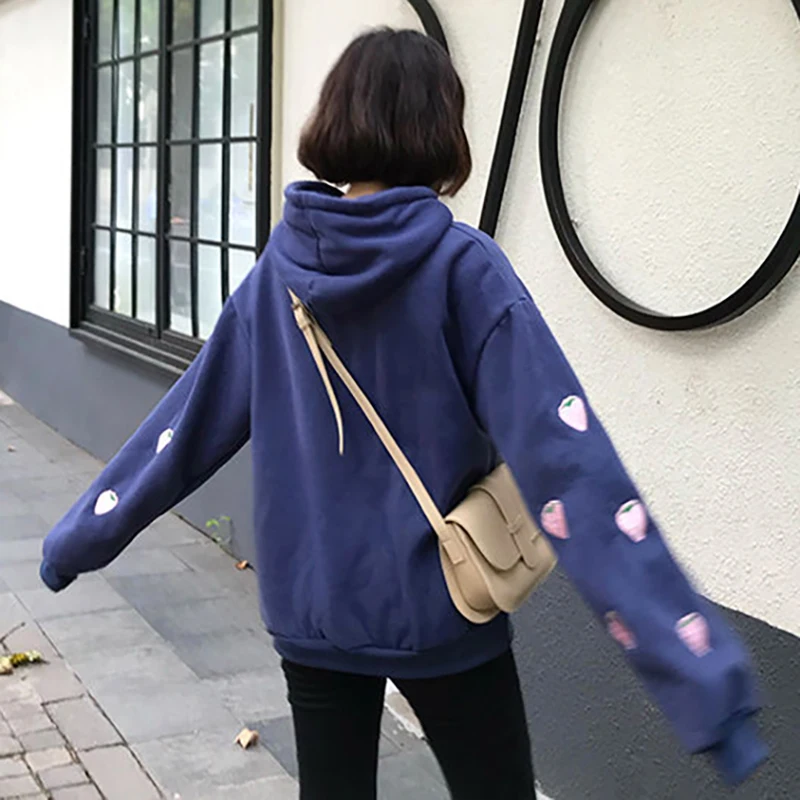 

Sudaderas Mujer 2020 Autumn Winter Strawberry Embroidery Pink Hoodies Women Harajuku Kawaii Loose Plus Size Women Sweatshirt