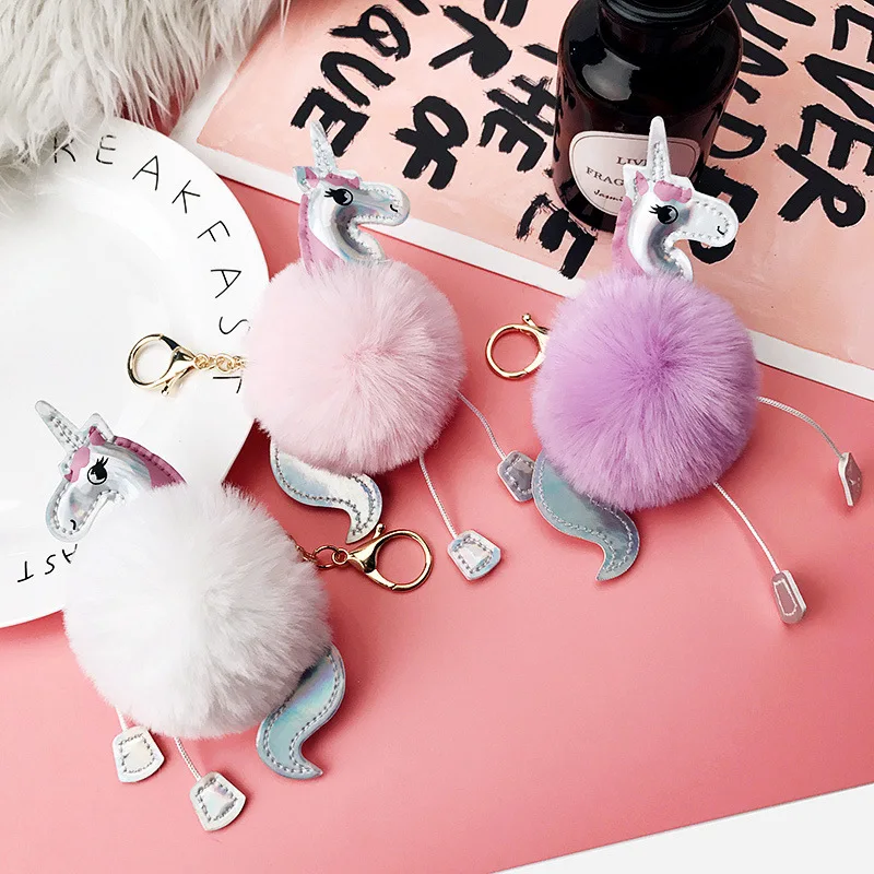 Cute Unicorn pompom Keychain Fluffy Fake Rabbit fur ball Keychains For Women Bag Charm Pendant Fashion Car Keyring Birthday gift | Украшения
