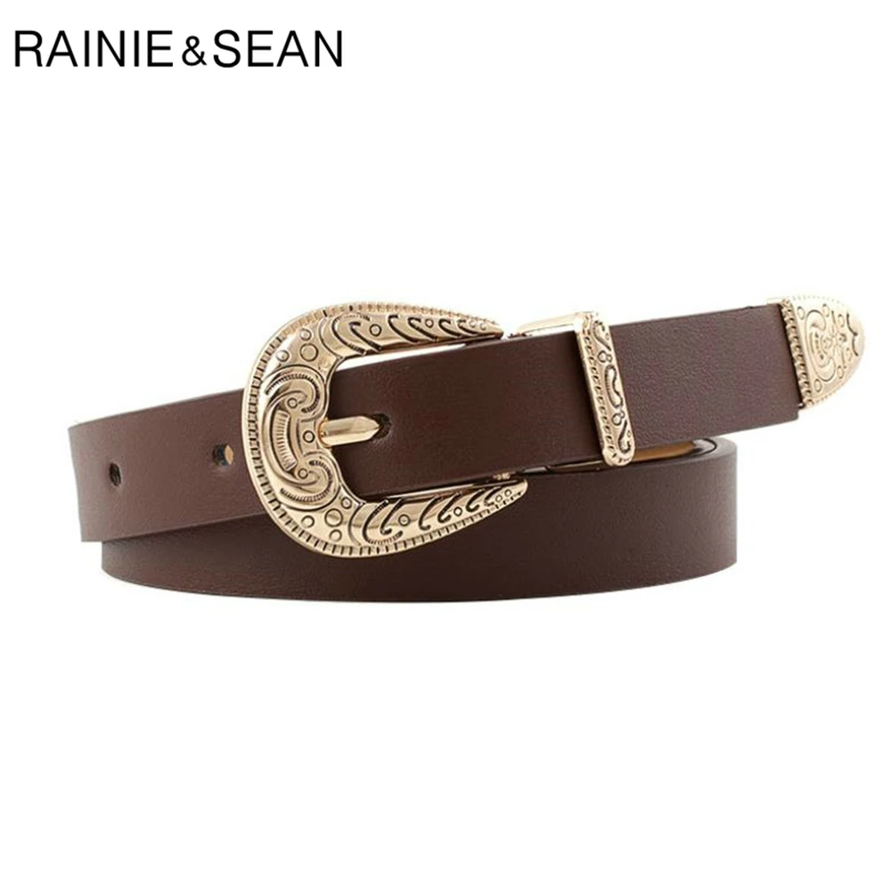 

RAINIE SEAN Leather Women Belt Coffee Belts for Women Pu Leather Vintage Engrave Brand Ladies Leather Belts for Jeans