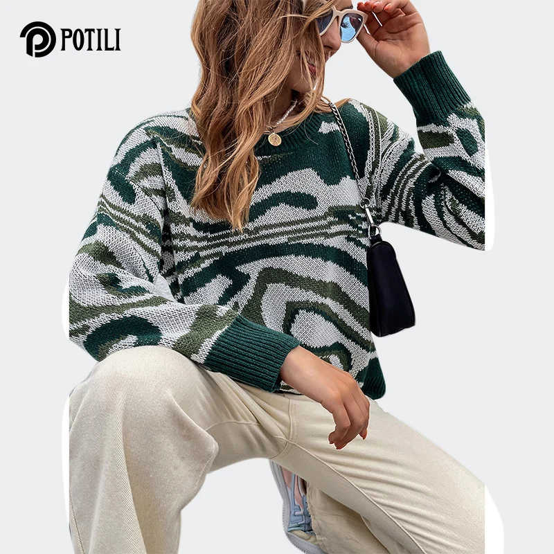

Женский свитер POTILI, трендовый свободный контрастный зеленый Модный Топ, сезон осень-зима, корейский пуловер, женский джемпер, трикотажная о...