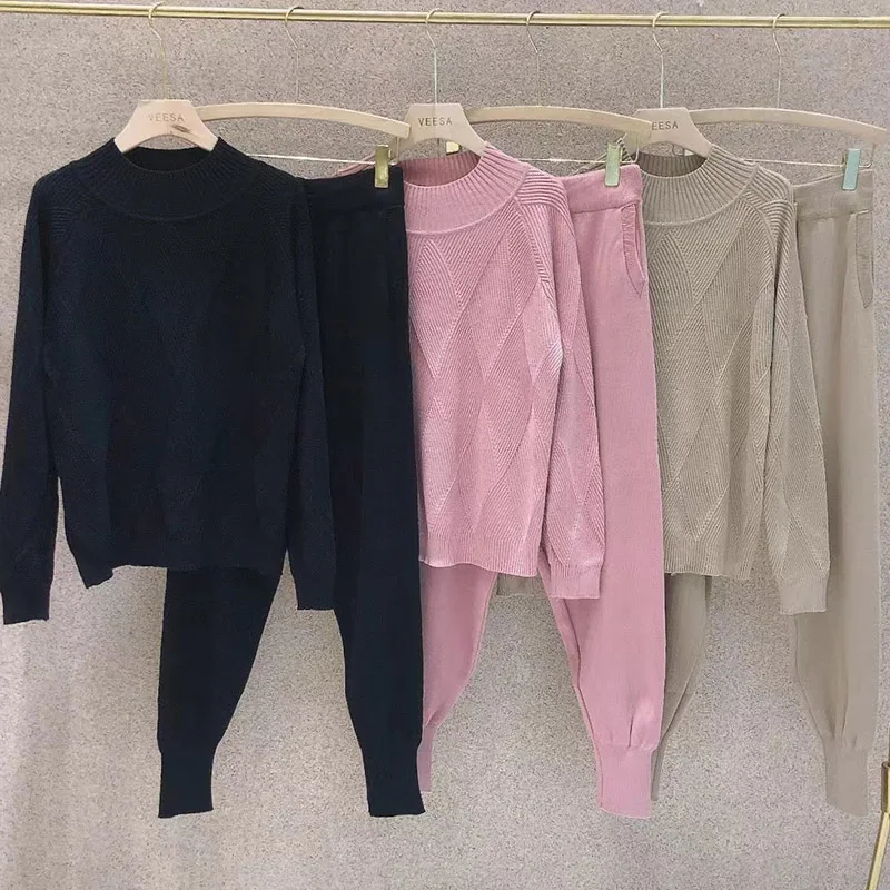 

ALPHALMODA 2021 Winter New Solid Plaids Knit Sweater Trousers 2pcs Suit Women Brief Style Pullover Jumper Jogger Pants 2pcs Set