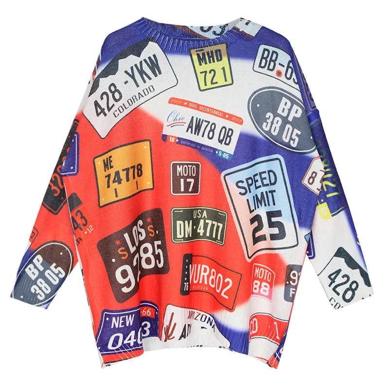 

2021 New Knitted Hemp Cotton Round Neck Loose Street Hipster Long Sleeve Pullover Print Knitwear Loose Top Retro Woolen Tops