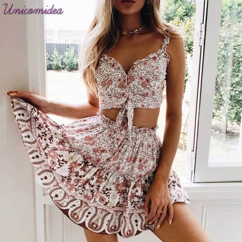 Летний Новый женский Boho 2 шт цветочный принт без бретелек укороченный топ + мини