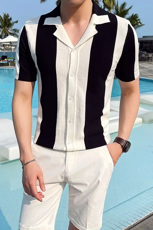 

2021 Summer Vacation British Slim Social Guy Knitted Polo Men Clothing Shirts Leisure Commercial Wind Fashion The Price Of