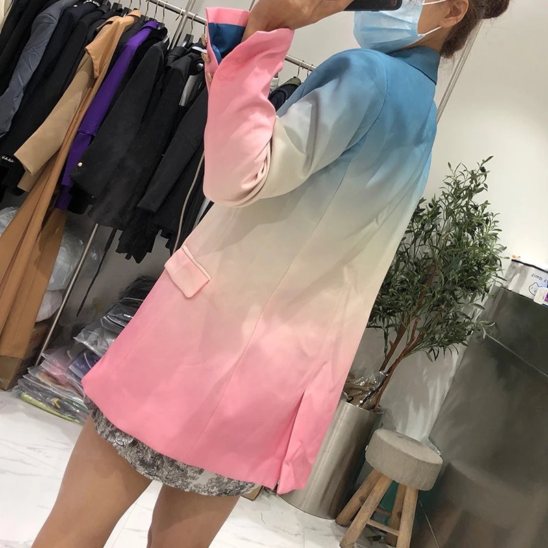 

AELESEEN Blazer Jacket Women's Single Breasted Autumn New Metal Buttons Blazer Slim Gradient Color Coat Office Ladies Outfit