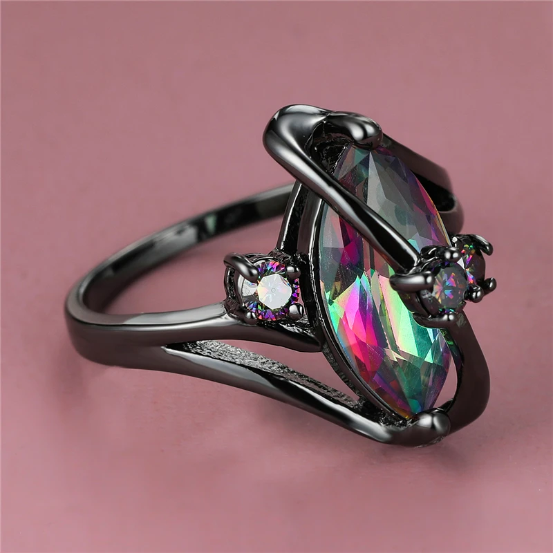 

Dainty Female Rainbow Crystal Stone Ring Charm 14KT Black Gold Wedding Rings For Women Cute Bride Leaf Zircon Engagement Ring