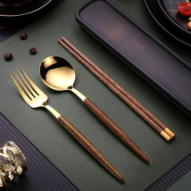 

Portable Cutlery Chopsticks Spoon Set Cutlery Box Fork Three-piece Set Dinnerware Wooden Gold Spoon and Fork Travel Cutlery Set