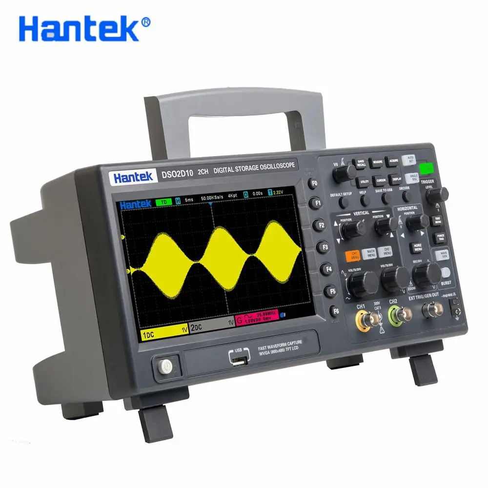 

Цифровой осциллограф Hantek DSO2D10, 2 канала + 1 канал, частота дискретизации 1 ГГц/с, двухканальная полоса пропускания 100 МГц с источником сигнала