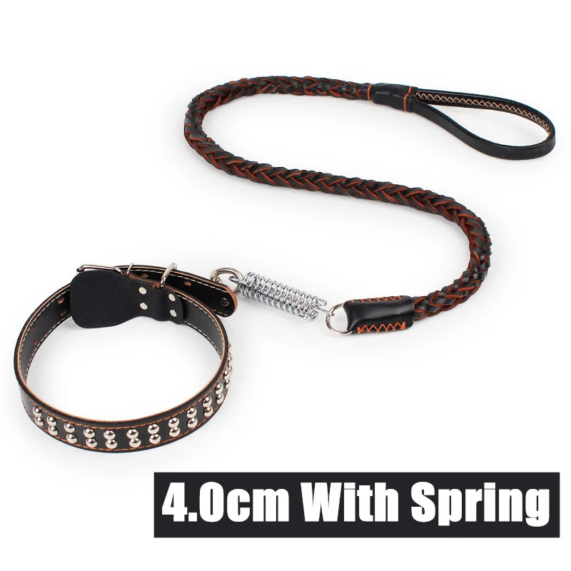 3.5cm With spring Плетеный коровий кожаный для собак ошейники износостойкий тренировочный поводок для собак Регулируемый ошейник для больших средних собак - Цвет: 3.5cm With spring