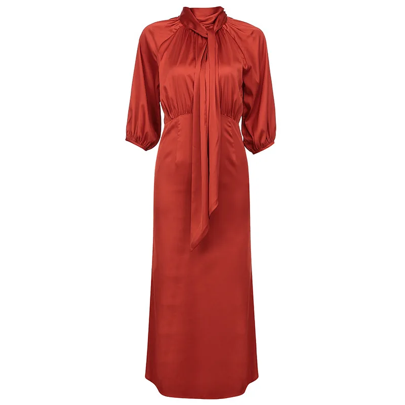 

Max Spri 2020 New Lace Up Round Neck Half Sleeve Mid-Calf Dress OL Style Simple Slim Casual Satin Daily Outfit