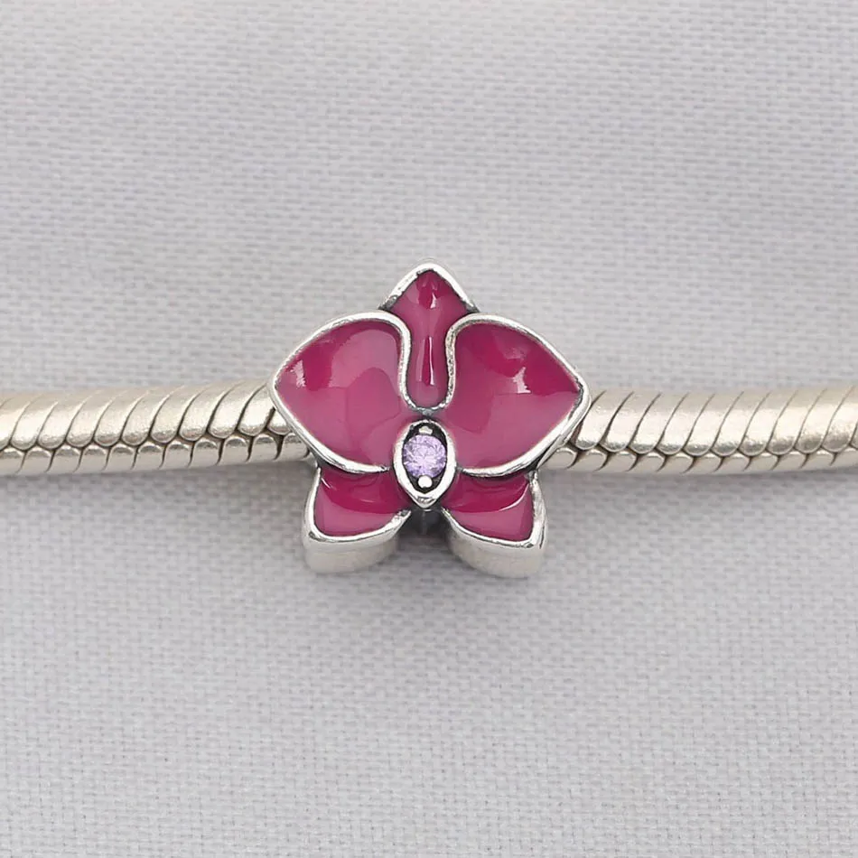 

Authentic S925 Sterling Silver DIY Jewelry Orchid Charm fit Lady Bracelet Bangle Enamel & Purple CZ Girl Gift