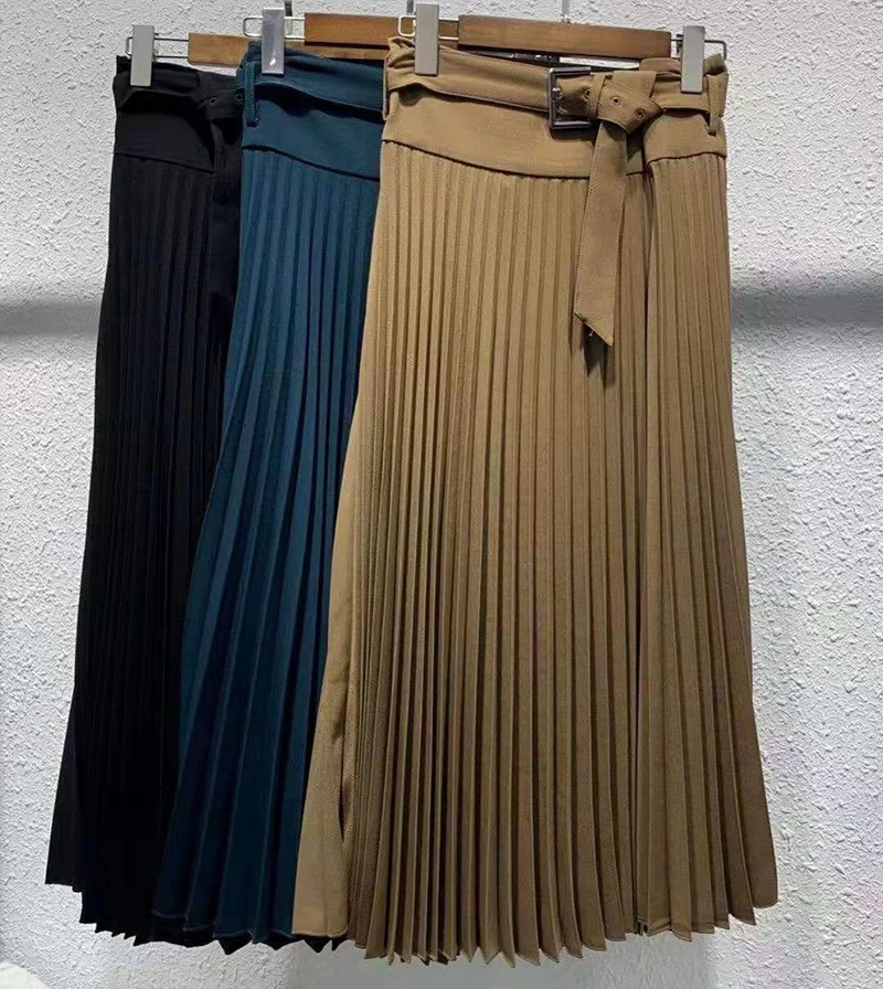 

High Waist Women Skirt Casual Vintage Solid Belted Pleated Midi Skirts Office Female Fashion Simple Saia Mujer Faldas