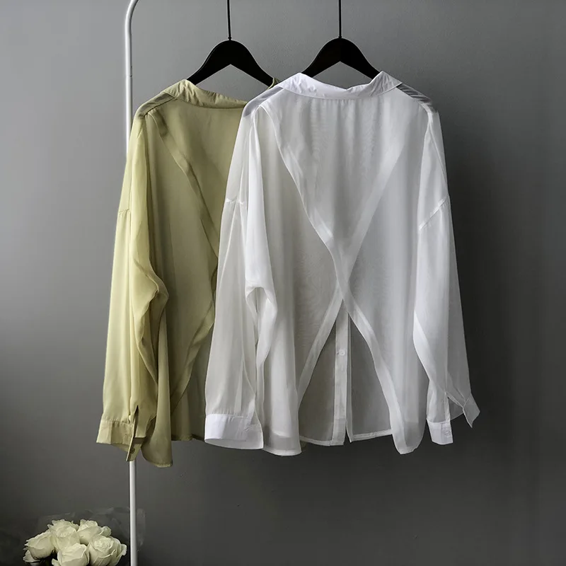

2021 Summer Personality Slit Back Shirt Chiffon Long Sleeve Irregular Blouse Woman Sun Protection