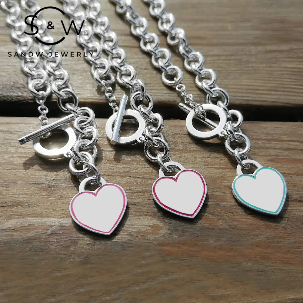 

Fashion Jewelry Enamel Heart Necklace Pin Buckle Pendant Women 925 Sterling Silver Birthday Gift Classic for Girlfriend