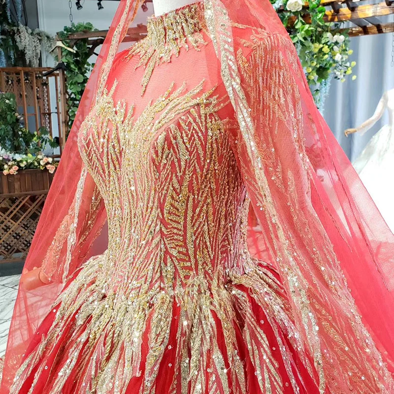 HTL795 muslim wedding dress with bridal veil beading pattern high neck long sleeves golden lace wedding gown red vestido novia