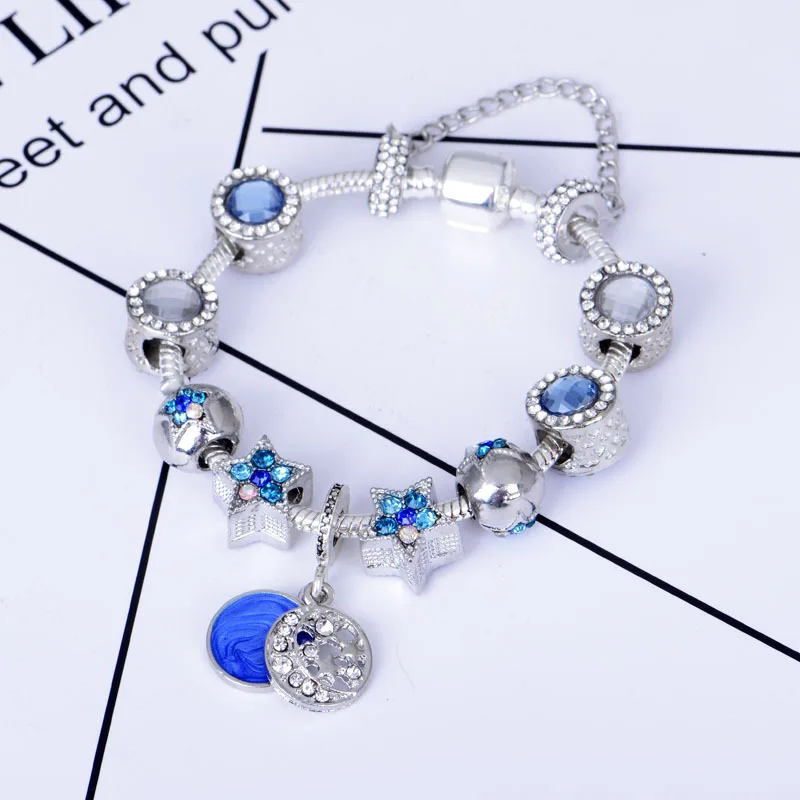 

Hot selling national style blue starry alloy beaded bracelet European and American popular star Pan family style charm bracelet