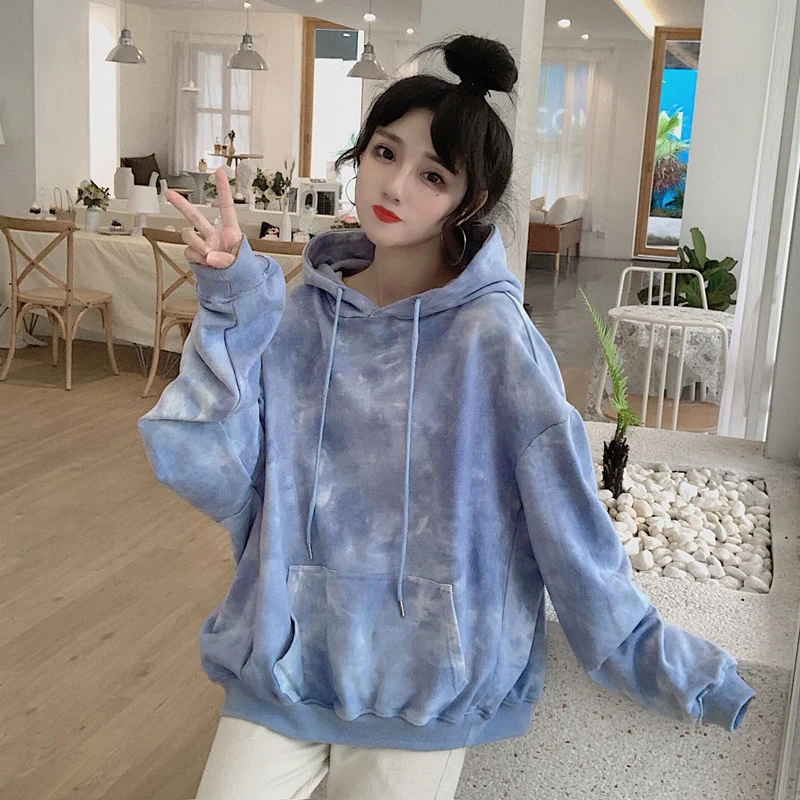 Корейские уличные милые синие толстовки KPOP галстук окрашенные Свободные Harajuku пуловер Tumblr Kawaii с длинными рукавами розовый свитер с капюшоном - Цвет: Синий