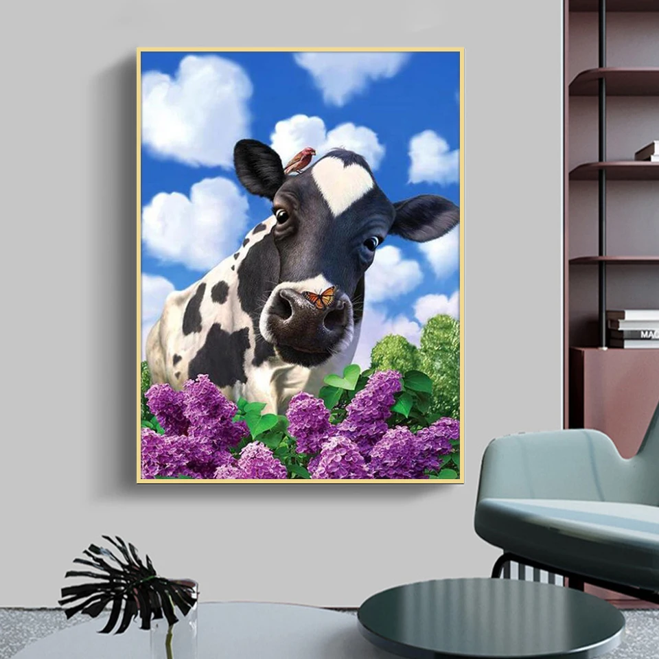 Полноразмерная 5D алмазная живопись сделай сам 3D картина лаванда и Корова круглые