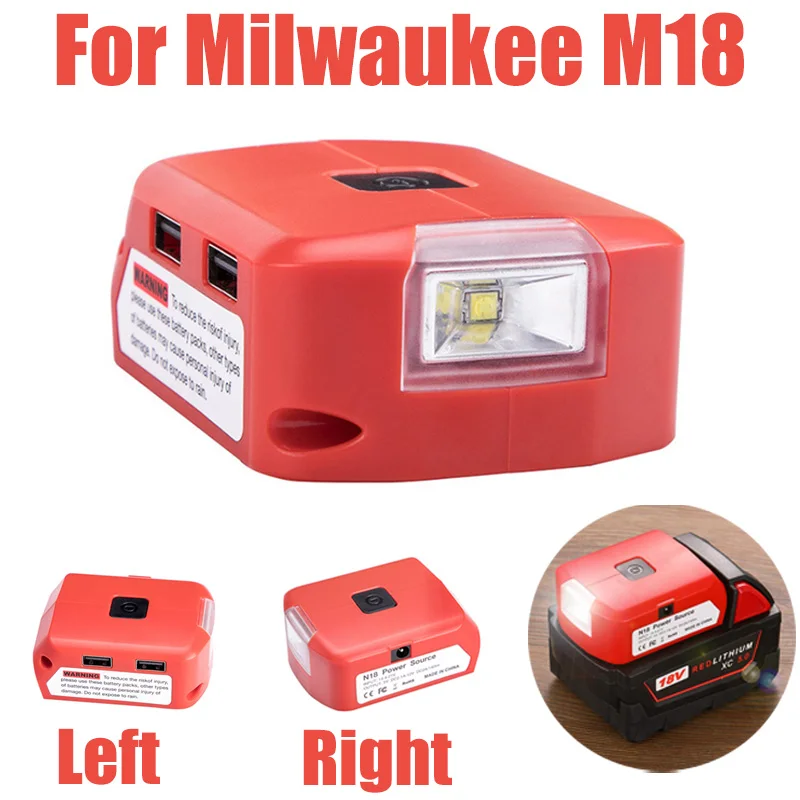 

Адаптер для аккумулятора, светодиодная лампа для Milwaukee M18, 18 в, батарея с двойным USB 5 В/2,1 А, порт постоянного тока 12 В/2 А, светодиодная лампа-вс...