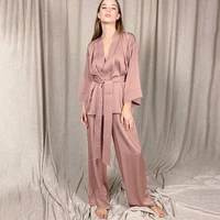 spring satin long sleeved cardigan lace up nightgown suit women european and american simple loose trousers nightgown suit 2021