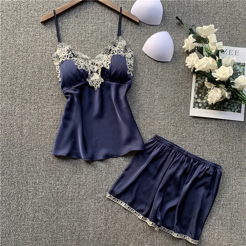 

SR068 Solid Faux Silk Lace Sexy Lingerie Homewear Satin Sleepwear Women's Pajama Set Paded Nightwear Female Cami Top and Shorts
