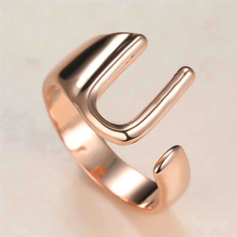 

Simple Male Female Metal Letter U Ring Charm Rose Gold Color Big Wedding Rings For Women Men Dainty Bride Open Engagement Ring