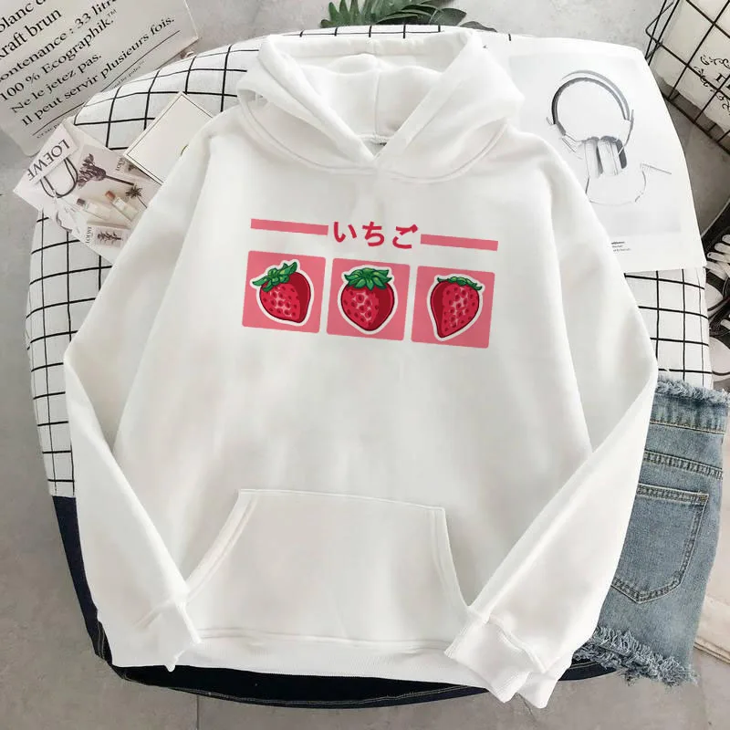 

Harajuku Kawaii Strawberry Milk Pattern Hooded Women Streetwear Women's Loose Pink Hooded Cute Hooded Jacket Autumn