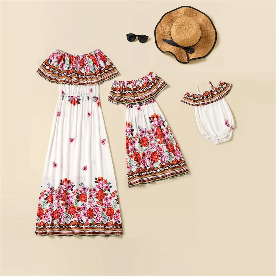 

Bohemia Mother Daughter Macthing Dresses Family Set Boat Neck Mom Mum Baby Mommy and Me Clothes Flower Women Toddler Girls Dress