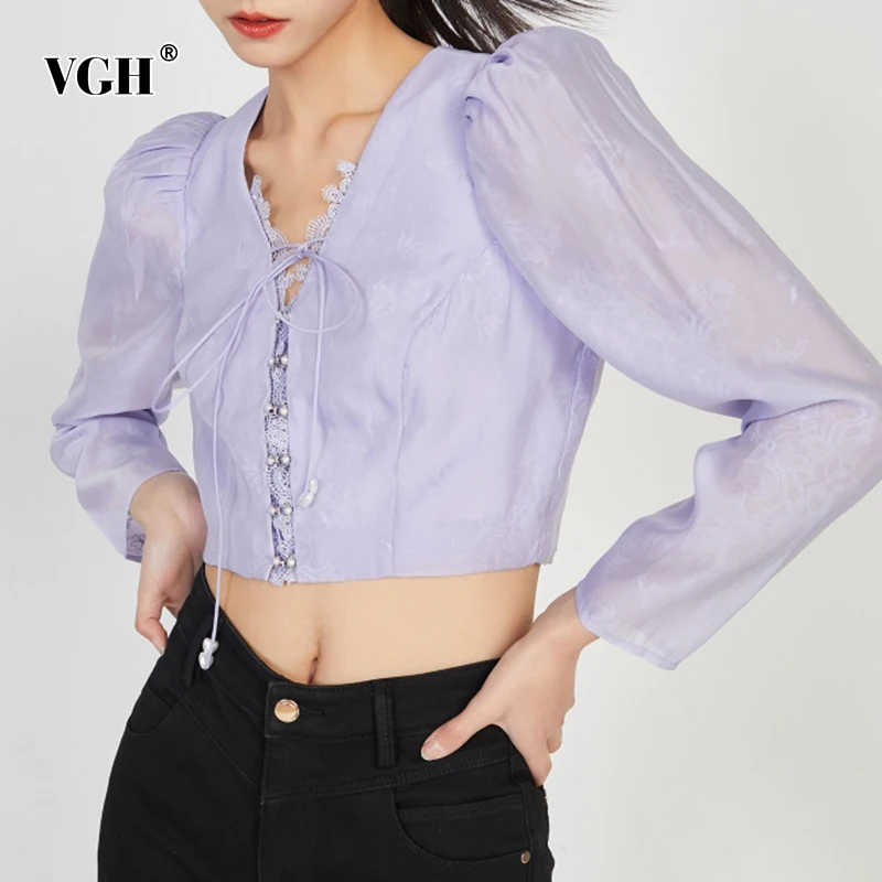 

Женская кружевная блузка VGH, белая ажурная короткая блузка с V-образным вырезом и длинным рукавом, новинка весны 2021