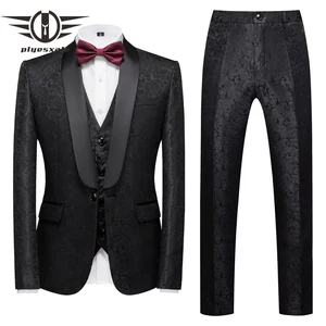 Plyesxale черный цветочный жаккардовые Для мужчин s Нарядные Костюмы для свадьбы 2020 смокинг 3 предмета Terno для жениха ужин вечерние костюмы для Для мужчин M-6XL Q1007