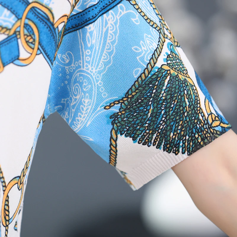 

High Quality Women Sweater Summer Short Sleeve Pullovers 2021 New Blue Jumper Crop Top Casual Print Knitted T Shirt