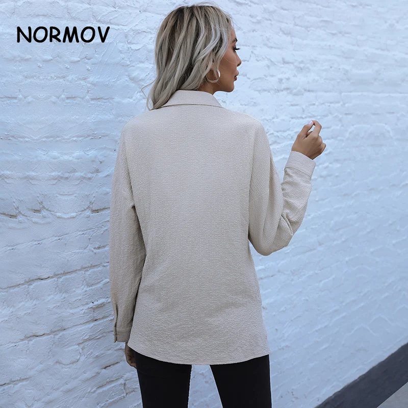 

NORMOV 2021 Spring New Long Sleeve Women Blouses Lapel Streetwear Fashion Casual Wild Loose Slim Button Simple Solid Shirt