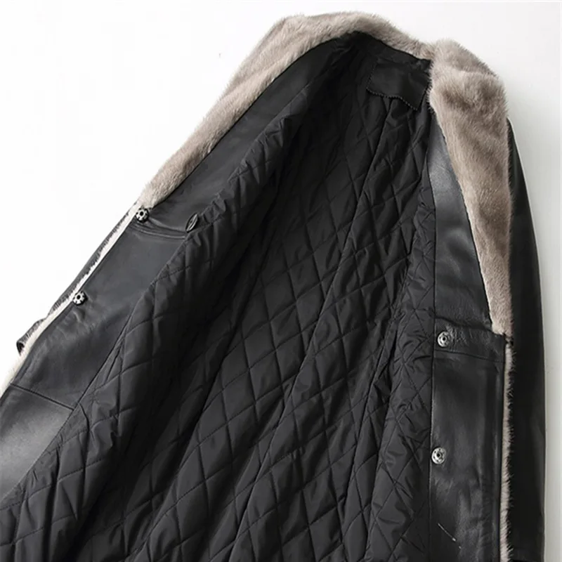 New Classic Women Genuine Leather Coats Sheep Mink Fur Hair Winter Quilted Overcoats Black Long Sashes Warm Slim Female Outwear
