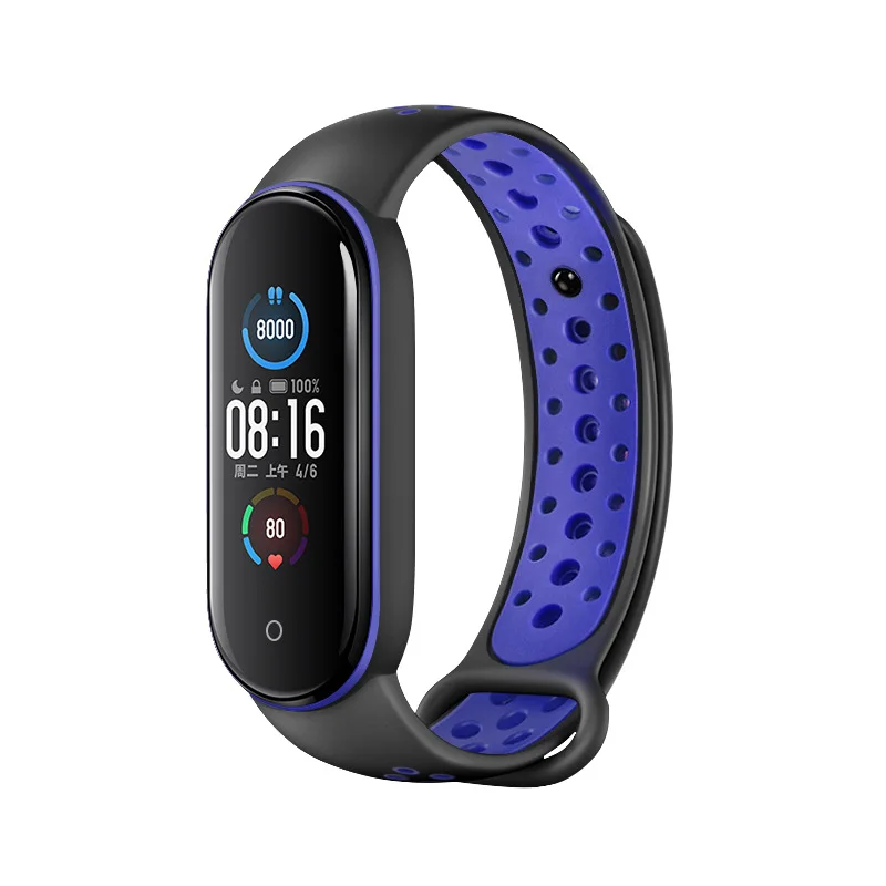 Силиконовый двухцветный ремешок для Mi Band 5 пористый дышащий браслет с защитой от