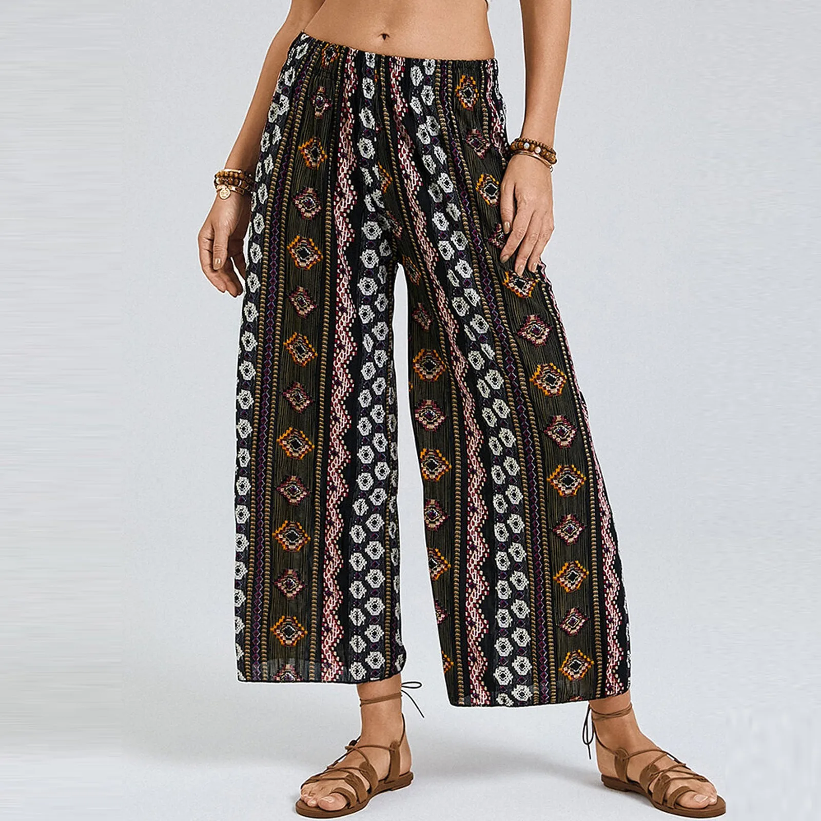 

2021 Women's Pants Loose ethnic Print Casual Wide Leg Pants Female Summer Trousers Long Sweatpants Plus Size