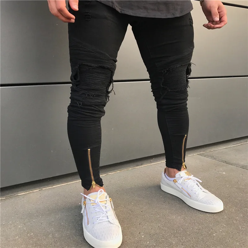 

2021 2020 Fashion New men's motorcycle knee hole jeans zipper torn jeans denim high street hip hop biker pencil pants men