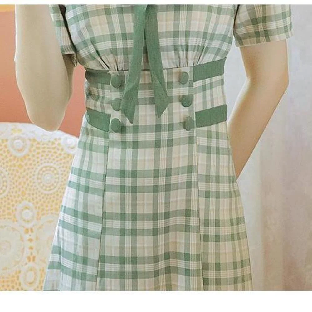 

Women Evening Party Casual Long Sleeve Vintage Green Plaid Dress Female Peter Pan Collar One-piece French Dress 2021 Autumn