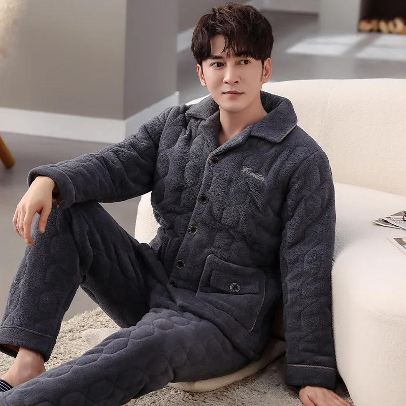 

Pyjamas autumn winter men's plush cotton long sleeve trousers home casual warm two sets