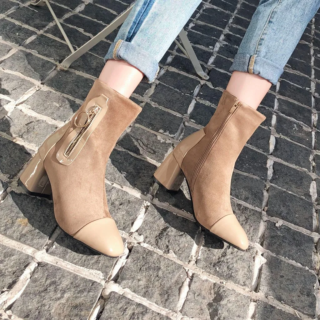 Женские Модные эластичные сапоги с квадратным носком короткие прострочкой обувь