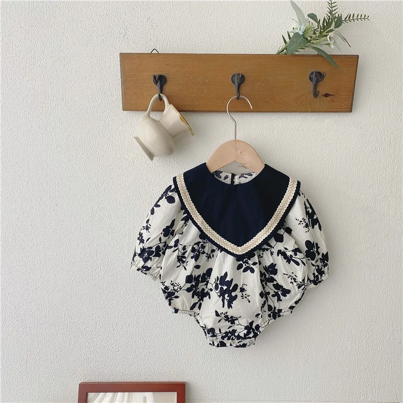Newborn Cotton Bodysuit Infant Linen Overalls Jumpsuit Toddler Girl Clothes 2021 Korean Long Sleeve Baby Floral Romper Outfits