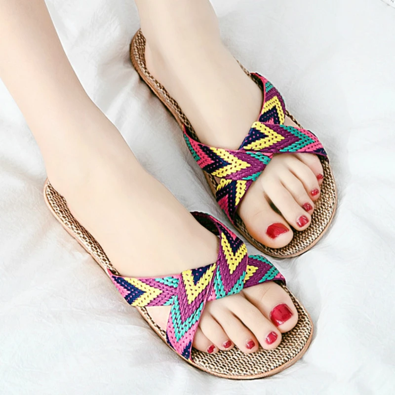 Летние льняные женские шлепанцы дышащие с конопляным плетением плоская подошва