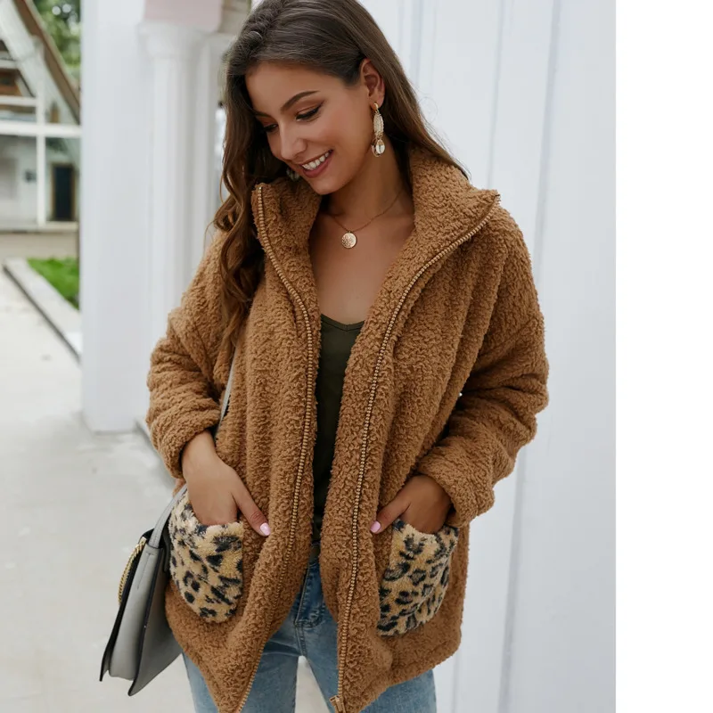 Элегантная верхняя одежда на молнии пальто леопардовое лоскутное из